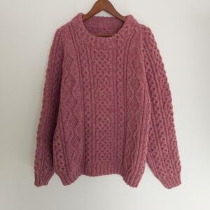 Handknit Aran Style Fisherman Sweater Pink Size Large